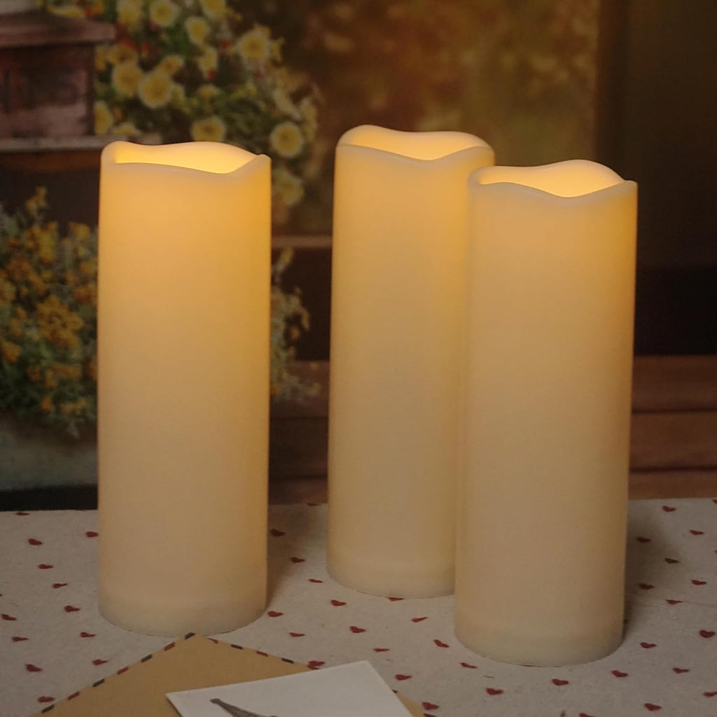 Waterproof Outdoor Battery Operated Flameless Candles with Auto Timer Flickering Plastic Resin Electric LED Pillar Lights for Lantern Patio Garden Wedding Party Decorations 3x8 Inches 3 Pack Ivory