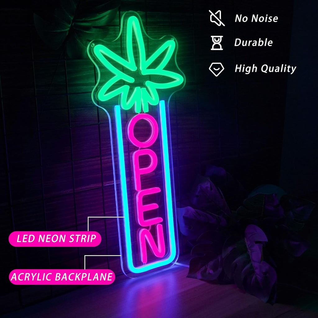 Green Leaf Neon Sign Dimmable Open Neon Lights for Wall Decor LED Neon Sign by USB Powered LED Neon Open Sign For Dispensary Beer Bar Man Cave Coffee Store Hotel Wall Party Decorations 16.8''x7''