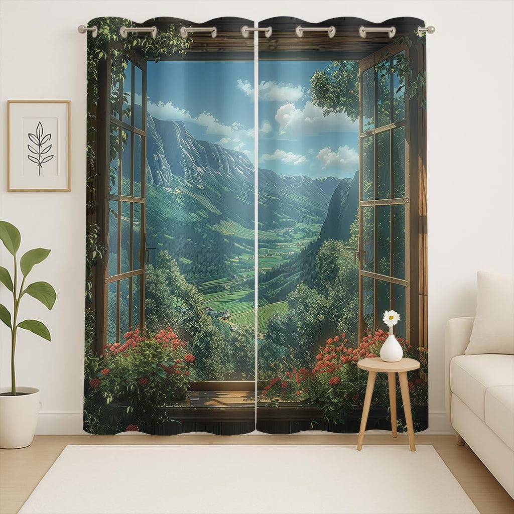 Mountain Blackout Curtains for Girls Boys Teens Home Decor, Spring Sky View Nature Forest Flower Grommet Thermal Insulated Drapes Darkening Window Curtain for Bedroom Living Room, 55 x 63 Inch