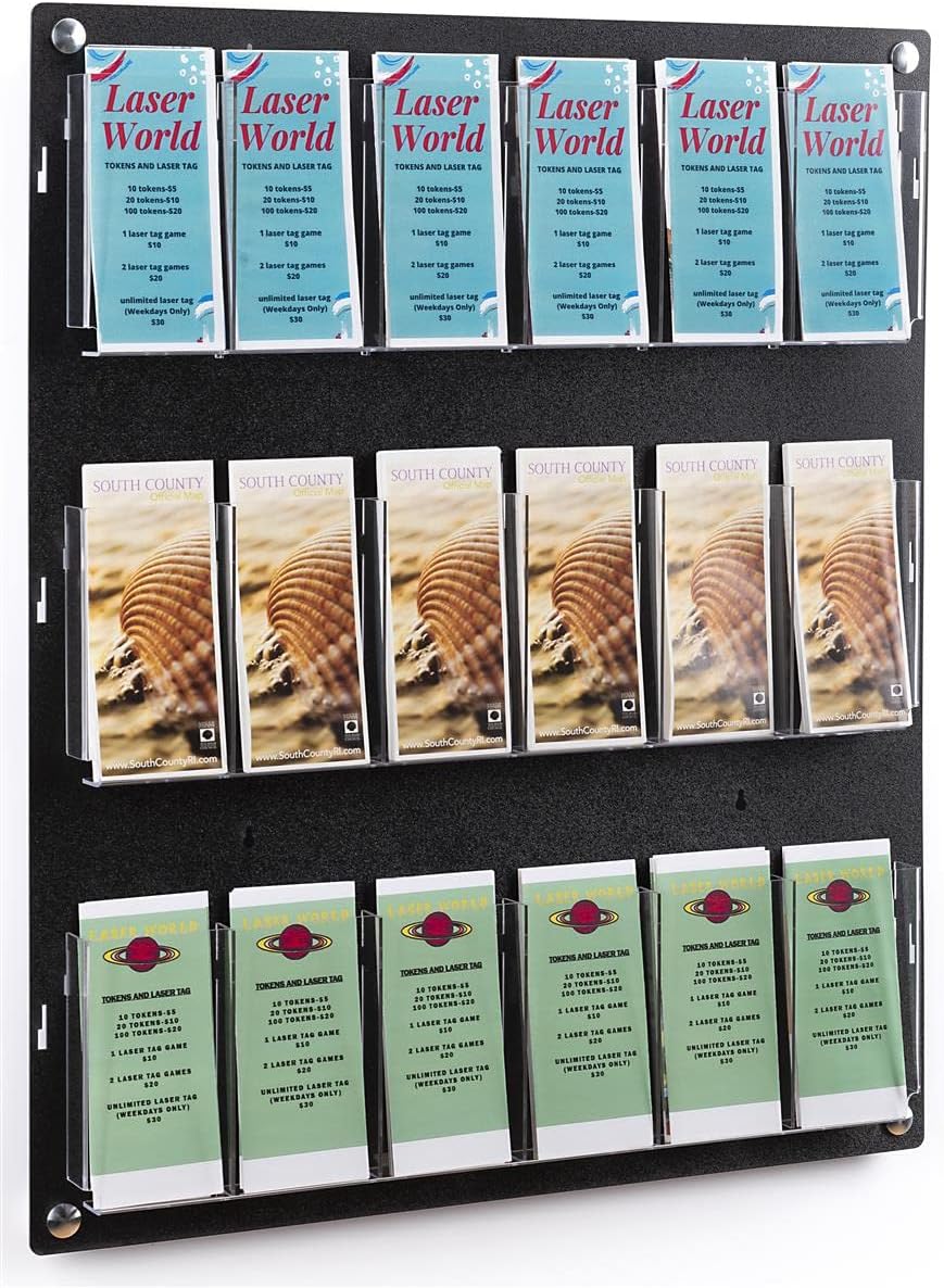 Displays2go Wall Mount Acrylic Brochure Holder, 9-18 Adjustable Pockets, Tiered Design - Black (2RP9BLK)