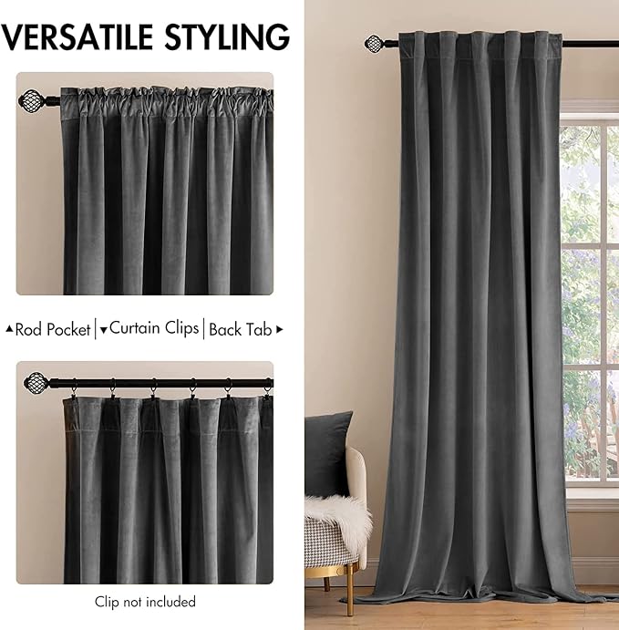 MIULEE Grey Velvet Curtains 52x72 inches 2 Panels Luxury Blackout Curtains | - Image 2