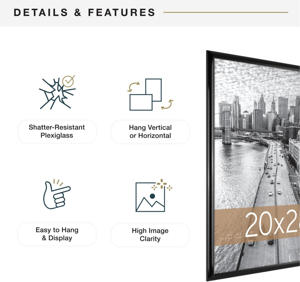 MCS Trendsetter 20x28 Poster Frame Black High-Gloss, Vertical & Horizontal Wall Hanging Large Picture Frame for Photos, Posters & Art Prints (1-Pack)