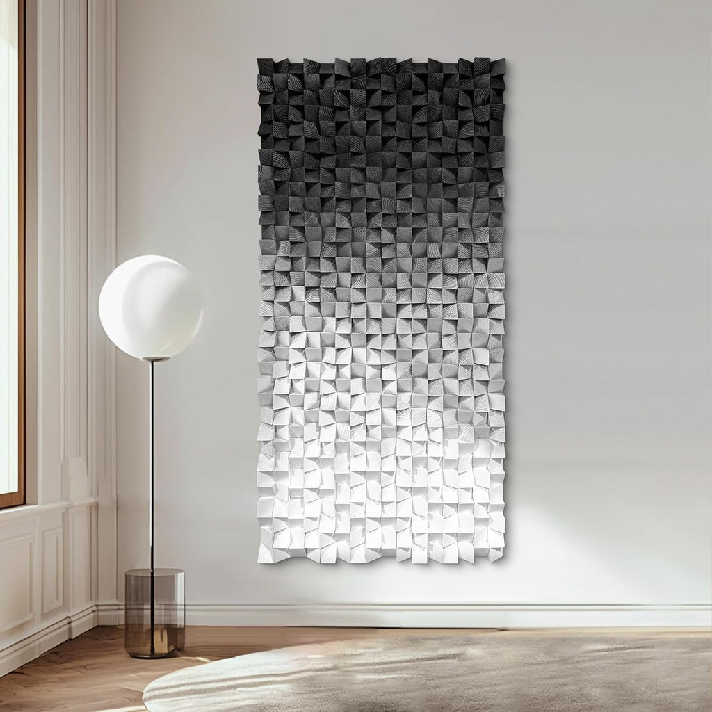 LIUZEYUE - Wooden Block Stereoscopic Painting Geometric Modeling Wall Decoration 3D Wooden Artwork Living Room Bedroom Background Wall Office Decoration Black and White Gradient 35.4"x70.8"