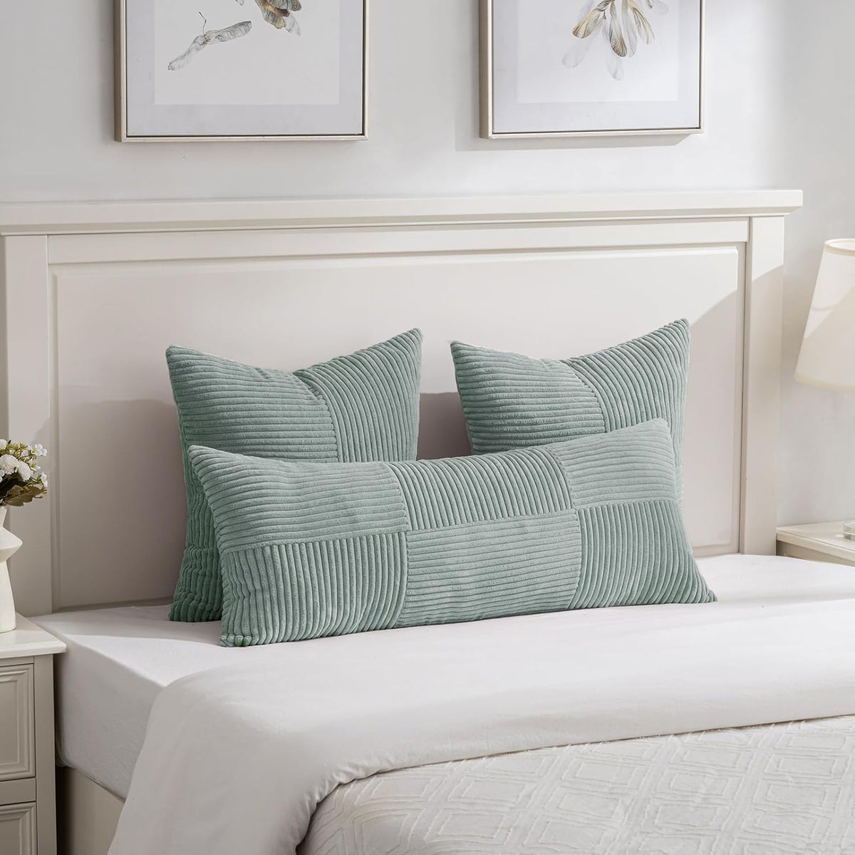 Fancy Homi 2 Packs Grey Blue Decorative Throw Pillow Covers 18x18 Inch for Couch Bed Sofa, Rustic Boho Farmhouse Home Decor, Soft Corss Corduroy Patchwork Textured Square Cushion Case 45x45 cm