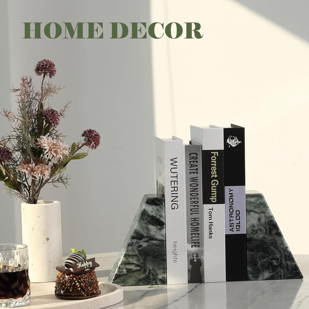 Marble Bookends for Heavy Books, Decorative Bookends for Shelves, Green Stone Book Ends, Heavy-Duty Book Ends for Hardback Book & Cookbooks, Unique Book Stopper & Holder, Set of 2
