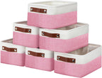 DULLEMELO Small Storage Baskets 6 Pack, Fabric Collapsible Gift Storage Baskets for Shelves, Closets, Nursery, Home, Office Organizing,Small Canvas Linen Rectangular Storage Bins (6-Pack, White&Pink)