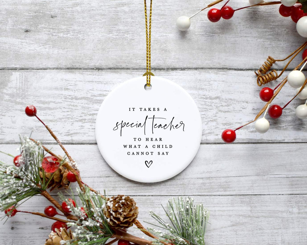Andaz Press Round Ceramic Porcelain Christmas Tree Ornament For Teacher, It Takes A Special Teacher To What A Child Cannot Say, Heart Graphic 1-Pack Autism Therapist Special Education Teacher Ornament