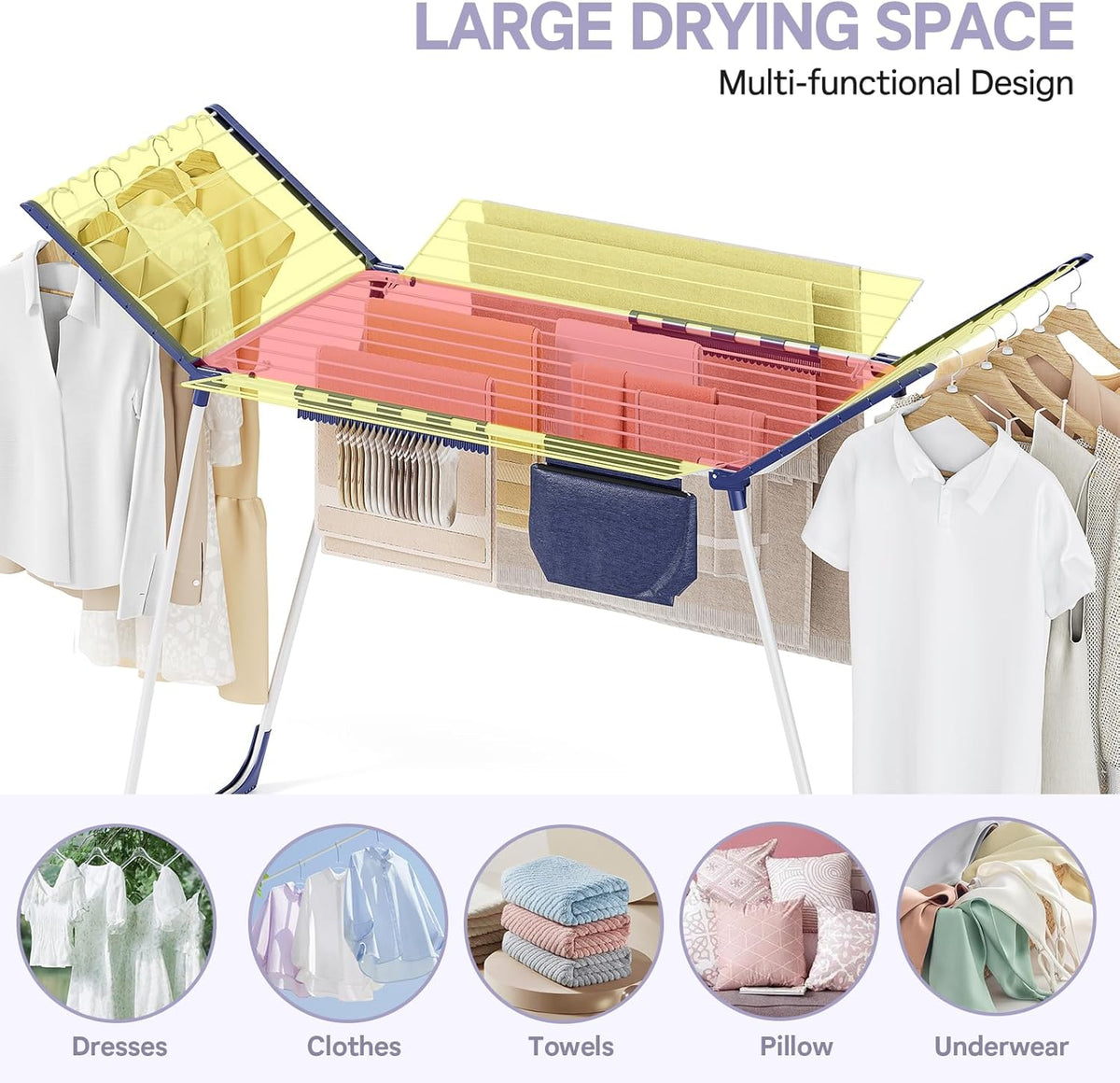 APEXCHASER Clothes Drying Rack Foldable, Drying Rack Clothing Large Space, Winged Laundry Rack with Sock Clips for Hanging Towels Clothes Dress Bedding Indoor Outdoor, White