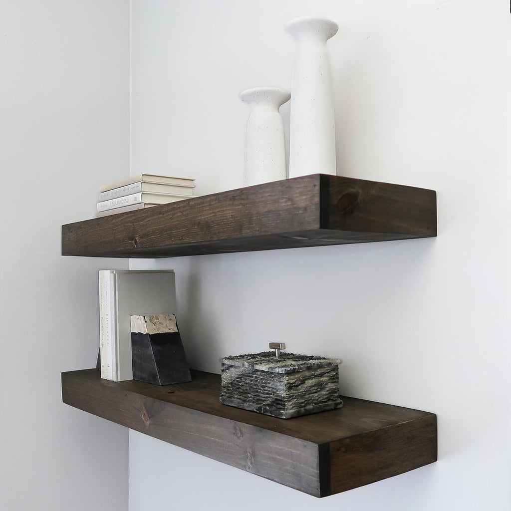 Modern Floating Shelves 3 Inches Thick for Wall, Wide Shelves for Kitchen, Living Room, Bedroom, and Bathroom, Natural Pine Wood, Rustic Wooden Shelf, (Set of 2) (Jacobean, 36Lx3Hx6D)