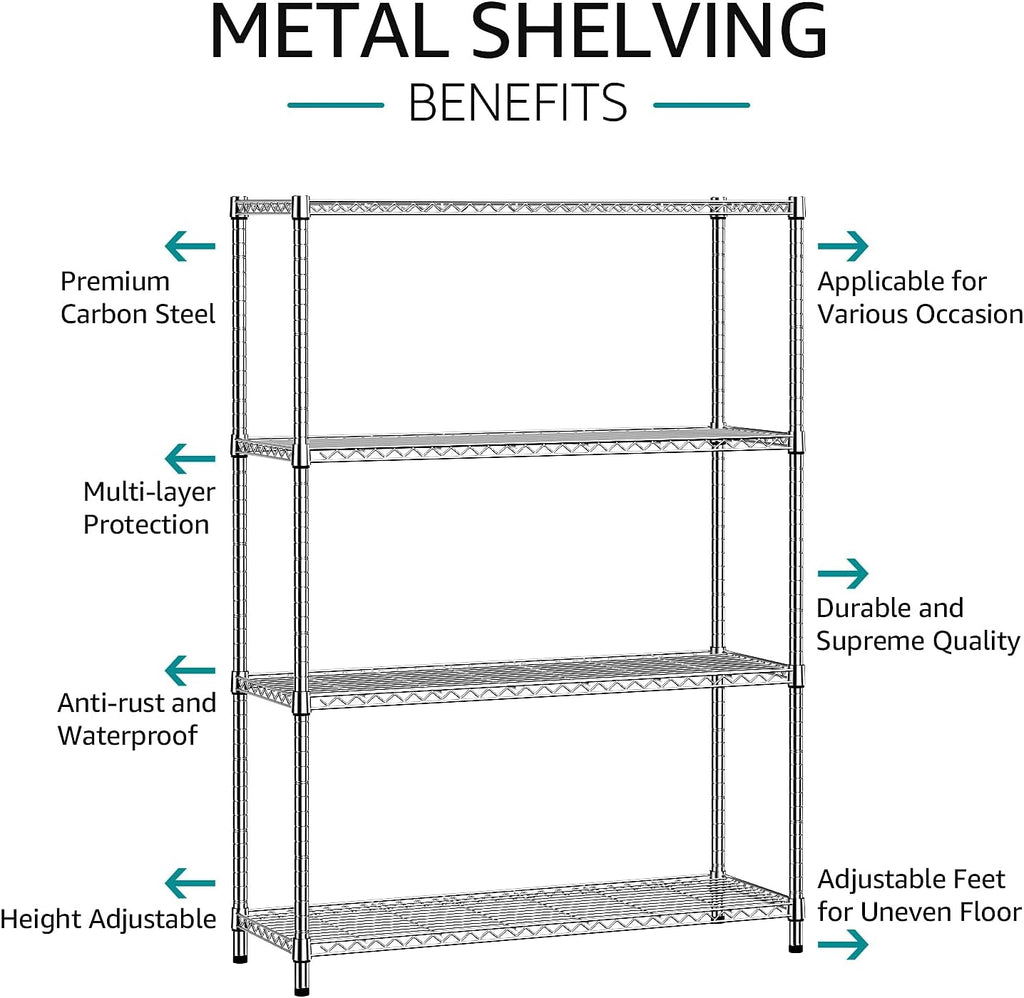 IZEUK 1400 LBS Garage Chrome Shelving Wide Storage Shelves 4 Tier Adjustable Heavy Duty Metal Wire Rack Standing Shelf Unit for Kitchen Office College Dorm Garage Warehouse 15.8" x 45.8"x 59.4"