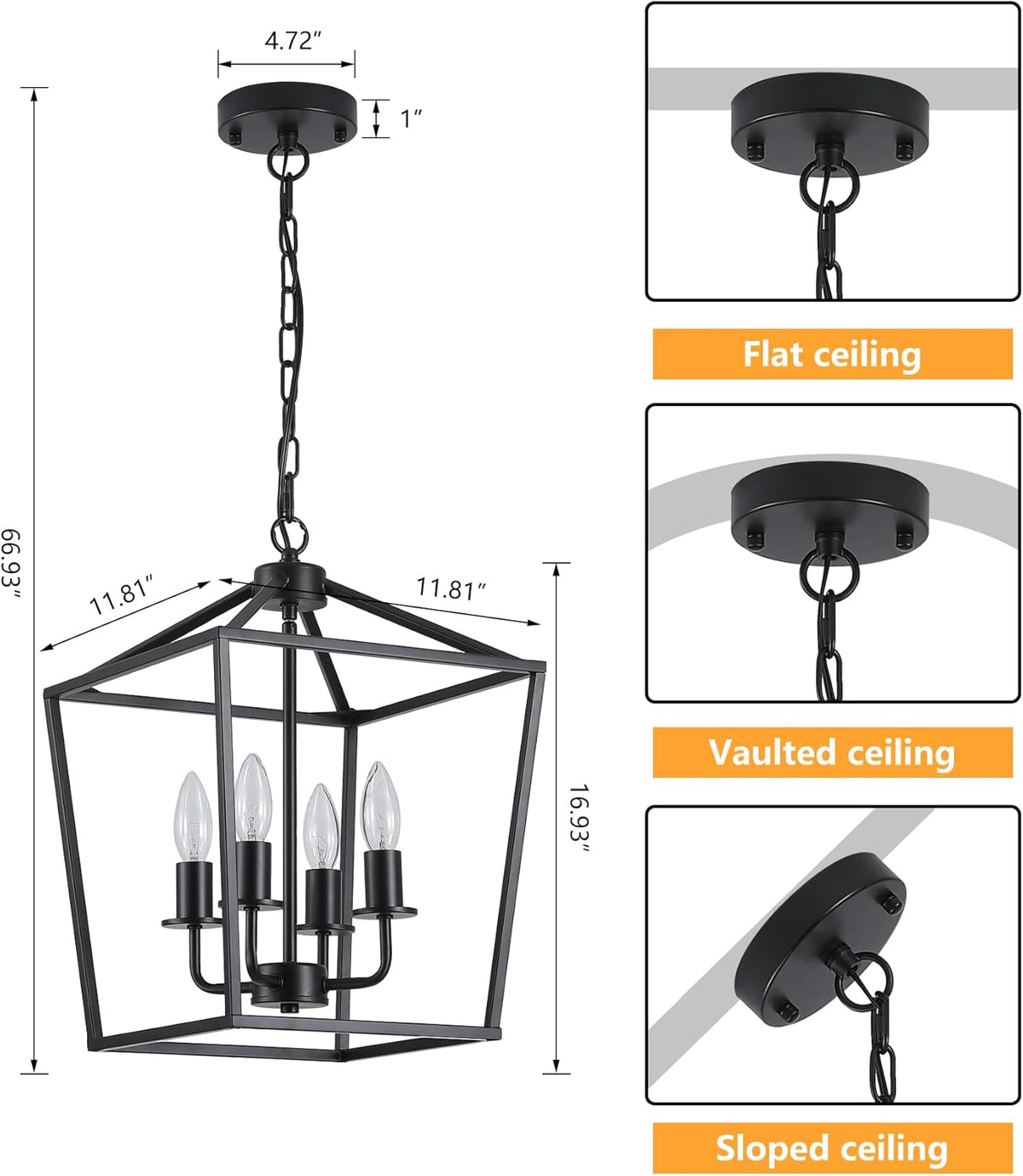 AMZASA UL Listed Black Industrial 4 Light Lantern Chandelier Ceiling Light Fixtures Farmhouse Metal Cage Rustic Geometric Pendant Light for Kitchen Island Entryway Dining Room Stairs and Hallway