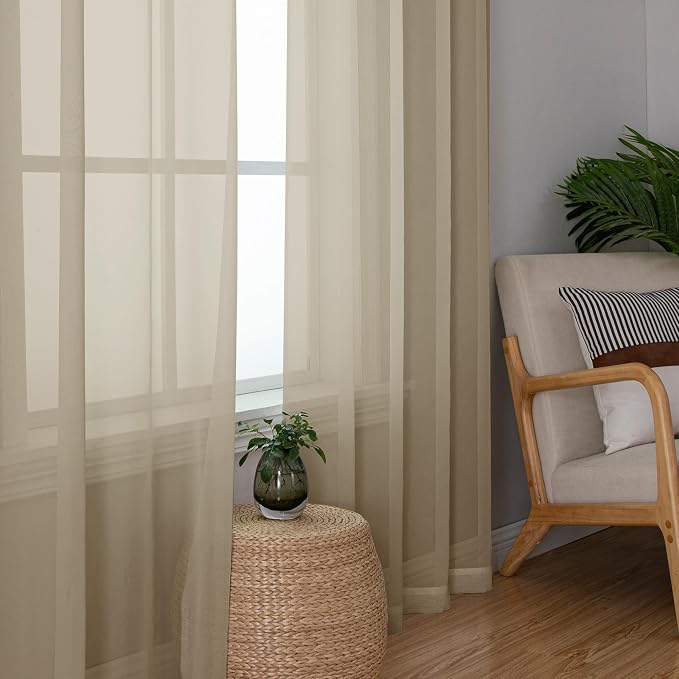 Taupe Sheer Curtains 96 Inches Long 2 Panels, Modern Voile Solid Breathable - Image 2