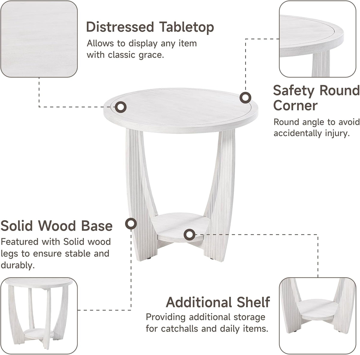 Rustic Farmhouse end Table X 2P with Storage Shelf, French Country Accent Side Table for Family, Dinning or Living Room, Small Spaces, Modern, Round, White
