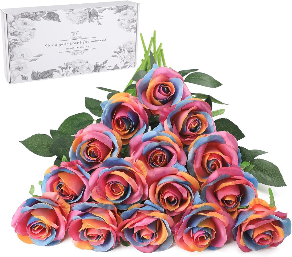 Rainbow Fake Roses Artificial Flowers - 16 Pcs Fake Artificial Roses Silk Flowers with Stems for Home Wedding Hotel Office Centerpiece Decor（Rainbow）