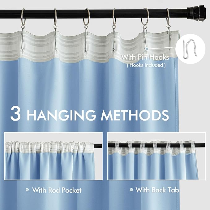 MIULEE Sky Blue Back Tab Blackout Curtains 52x84 Inch Length 2 Panels Set | Rod - Image 3