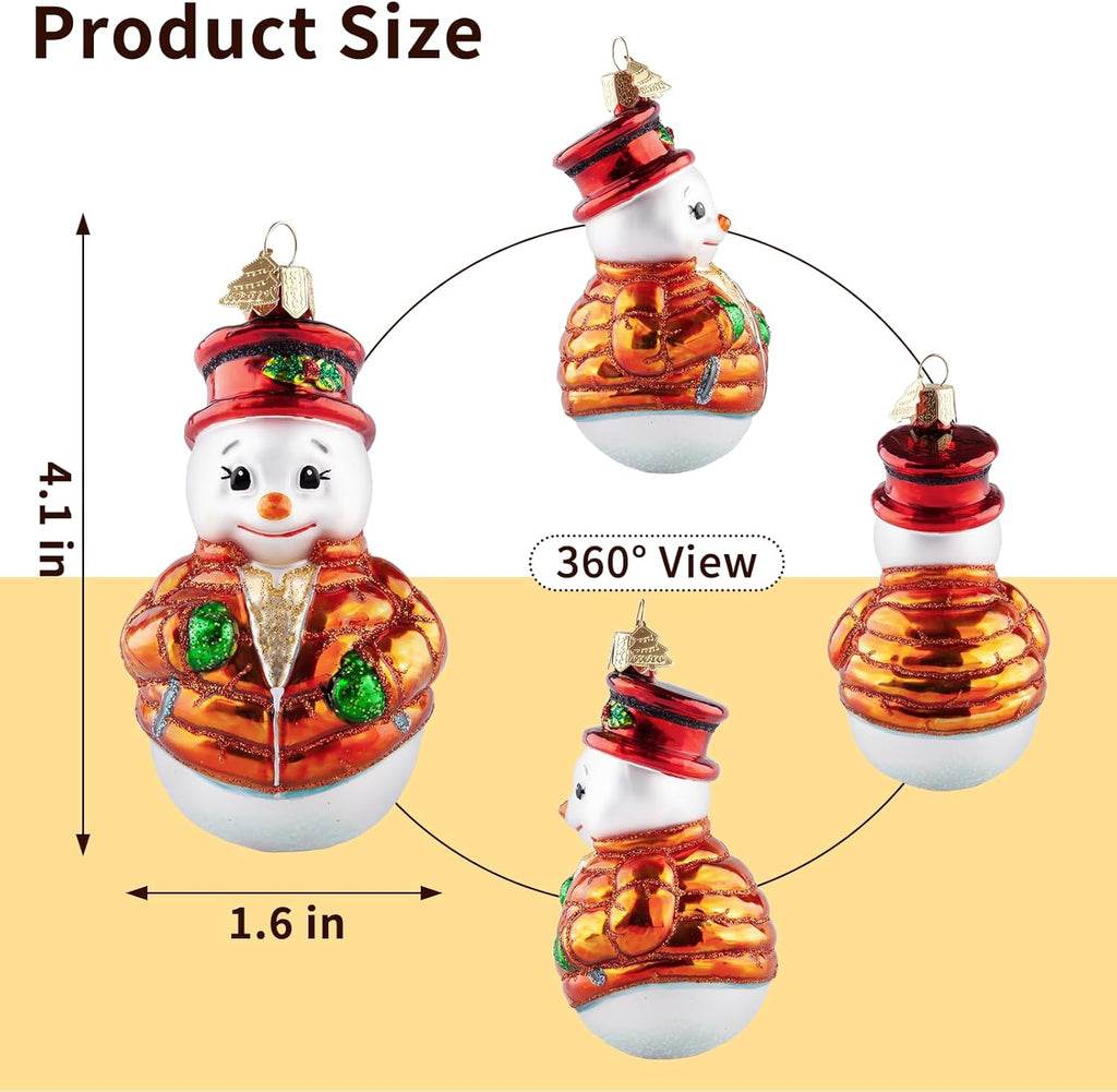 Snowman Christmas Ornaments,Blown Glass Ornaments for Christmas Tree,Leaf Hat Snowman Collection Figurine Hanging Ornament,Christmas Decorations for Xmas Tree Birthday Party Home Gifts