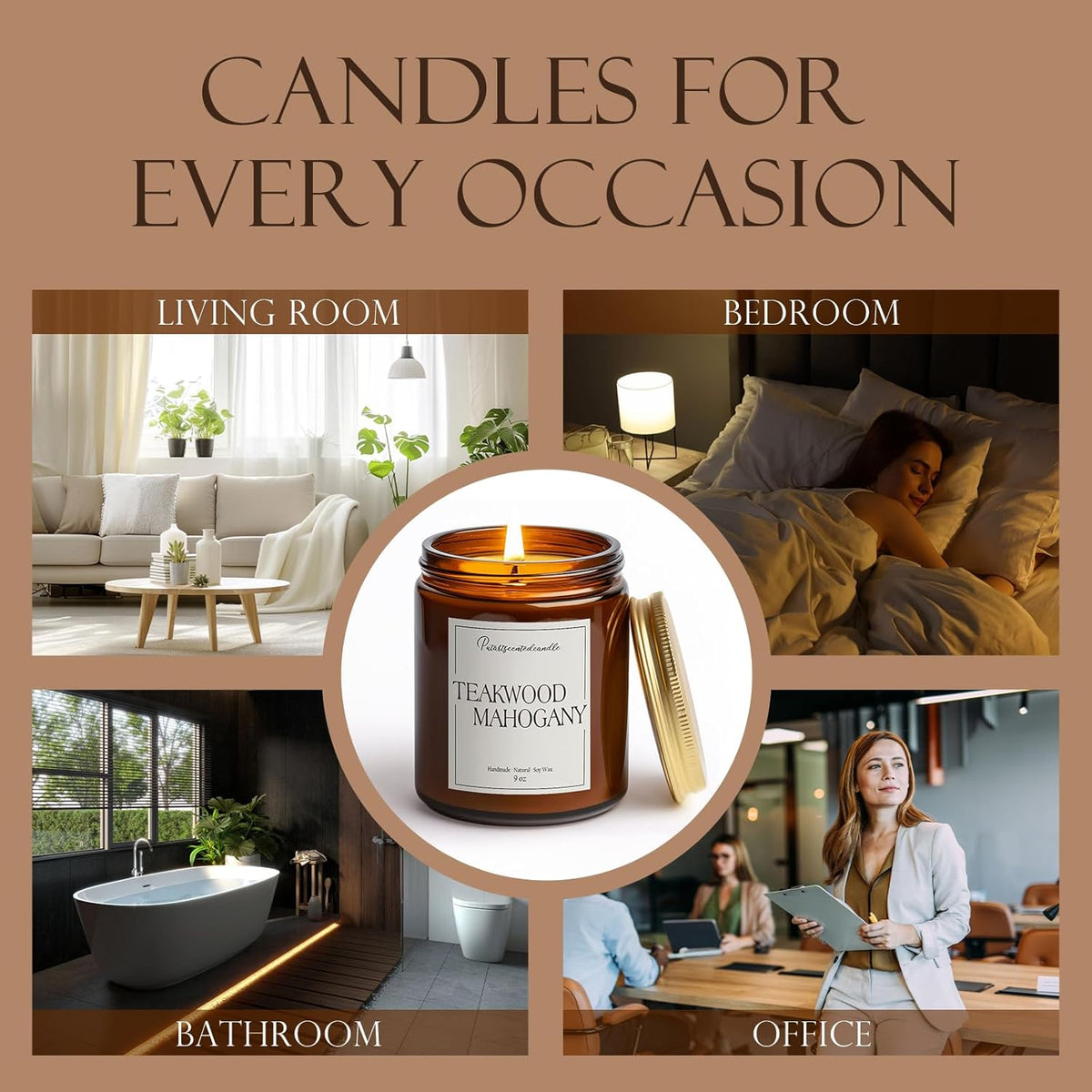 Mahogany & Teakwood Highly Scented Candles for Home, 9oz Natural Soy Aromatherapy Organic Candle with Essential Oil, Home Fragrance Stress Relief & Meditation Jar Candles Gifts for Men Women