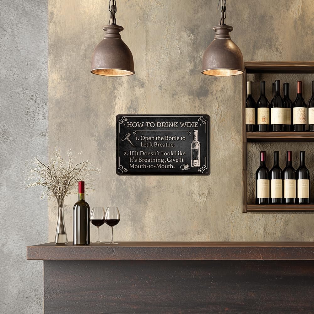 Heuhuww Funny Wine Bar Metal Sign-How To Drink Wine Wall Decor for Farmhouse Bar Station Wine Themed Gifts 8"x12"(H29)
