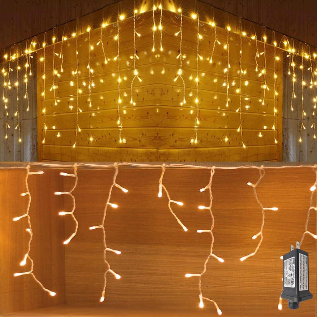YASENN 300Led Icicle Style String Lights 29.5FT,Update Connectable 8 Lighting Modes with Timer Icicle Lights for Home Garden Outdoor Indoor Eave Decor (Warm White LED White Cable)