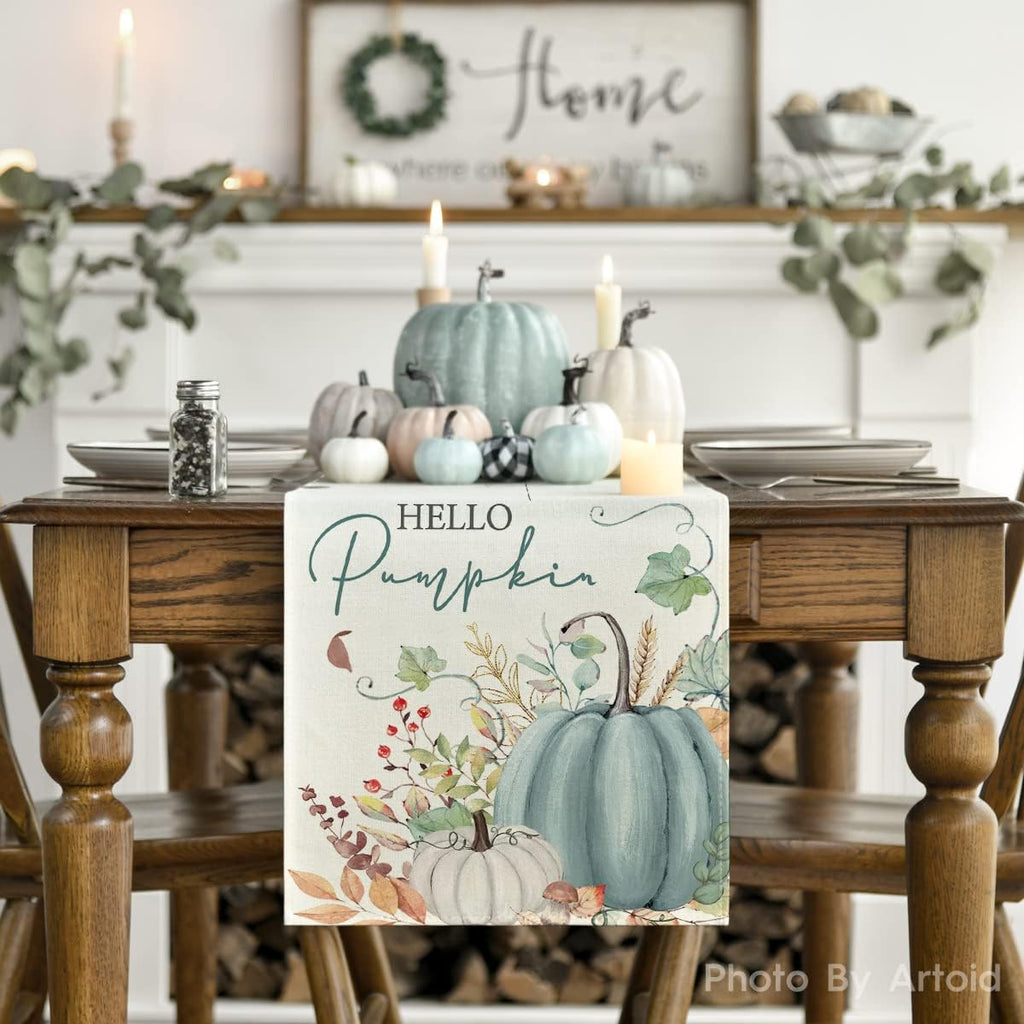 Artoid Mode Aqua Hello Pumpkin Leaves Fall Table Runner, Seasonal Autumn Kitchen Dining Table Decoration for Home Party Decor 13x48 Inch