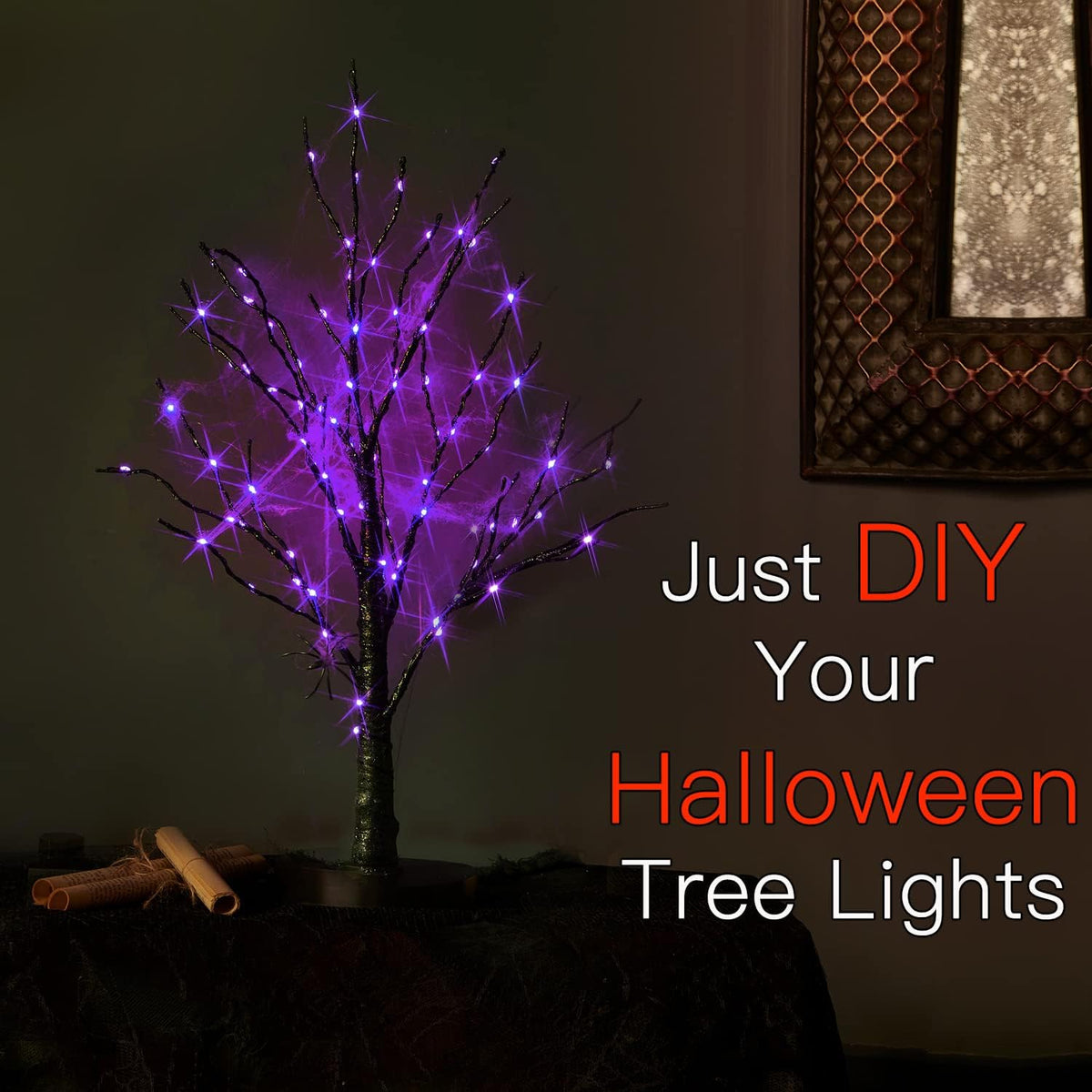 Fudios Lighted Halloween Tree with Timer 80 LED Purple Lights USB Plug or Battery Operated,18in Pre-lit Spooky Black Trees Table Indoor Home Decor