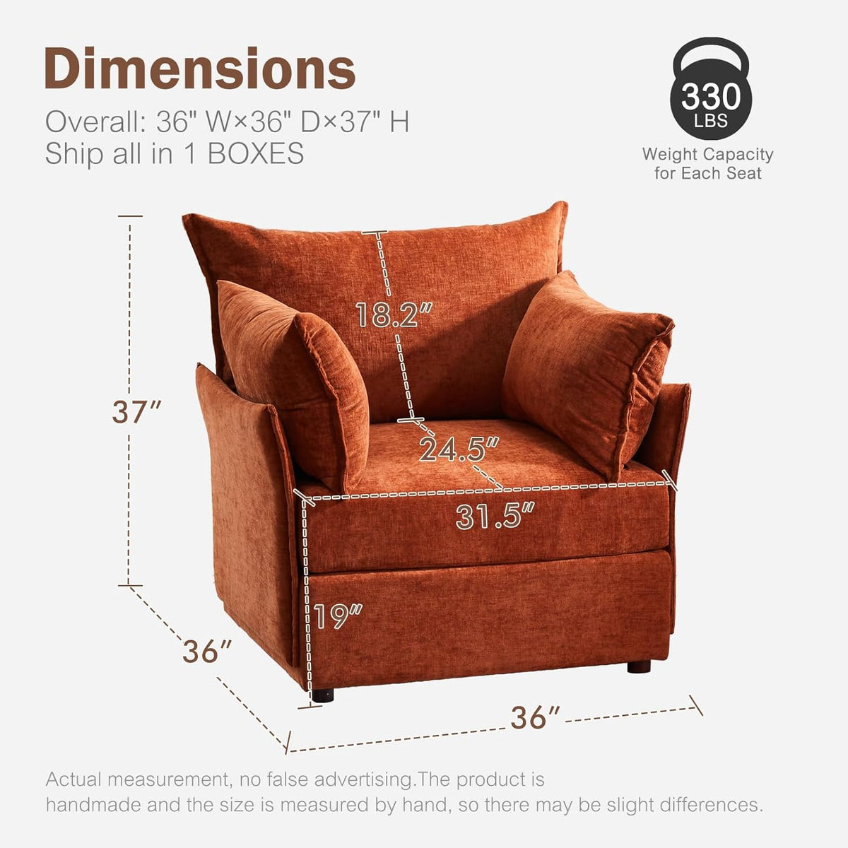 Terracotta Oversized Accent Chair, Upholstered Modern Sofa Chair with Removable Backrest & Detachable Cover, 24.5" Deep Seat Large Reading Armchair