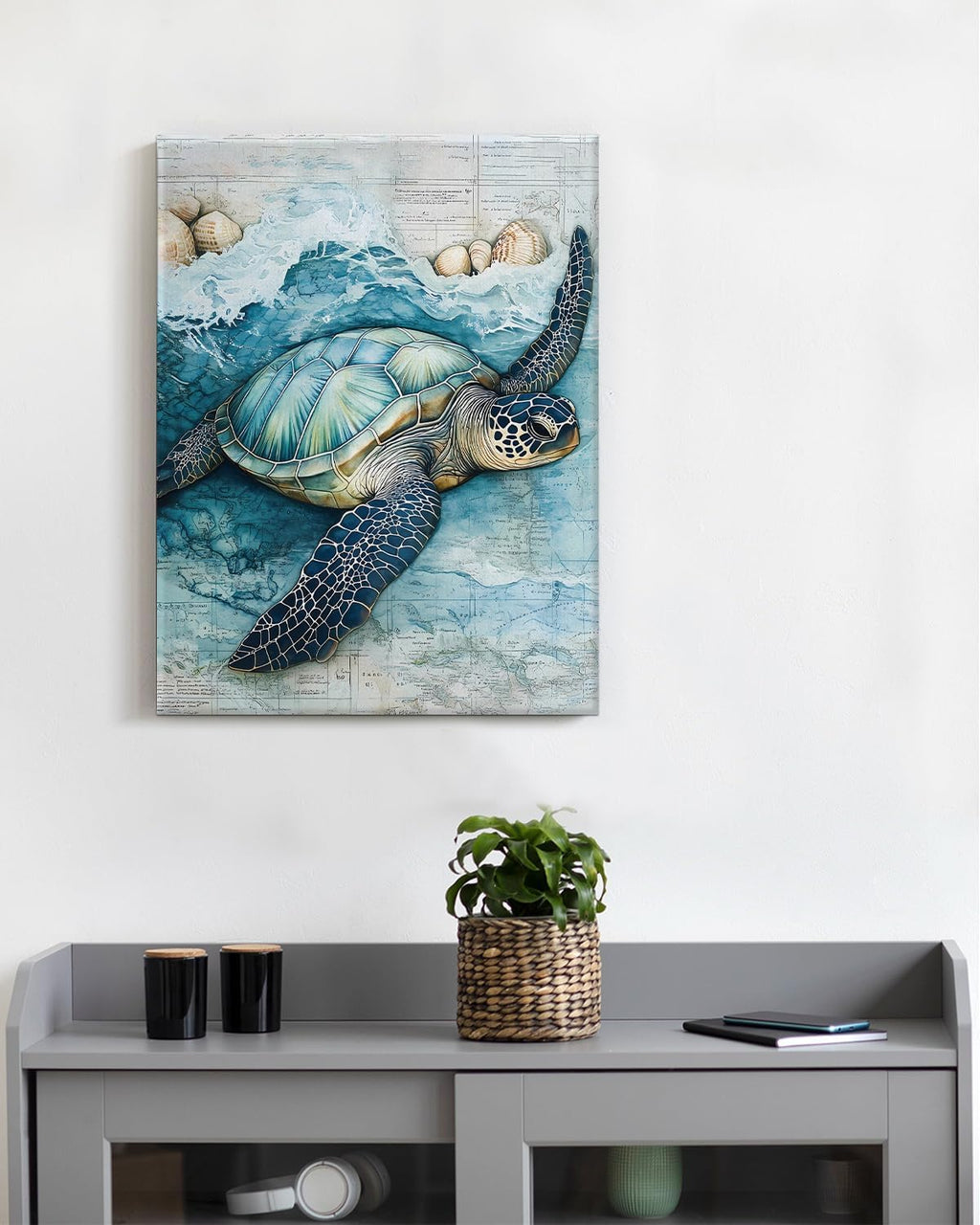 Coastal Sea Turtle Canvas Wall Art Turtle Nautical Ocean Theme Print Poster Framed Picture Painting for Home Beach House Bedroom Wall Decor 11x15 Inch