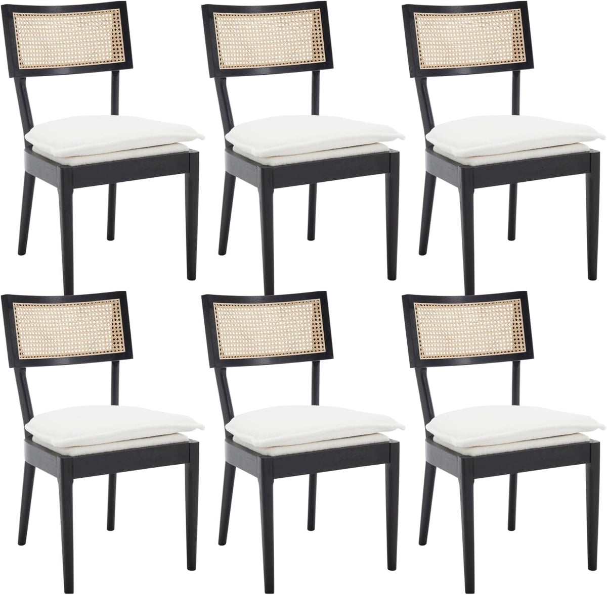 Rattan Dining Chairs Set Of 6 , Mid Century Modern Black Wooden Cane Back Chairs with Removable Sherpa Cushion , Retro Farmhouse Upholstered Kitchen & Dining Room Chairs for Restaurant Living Room