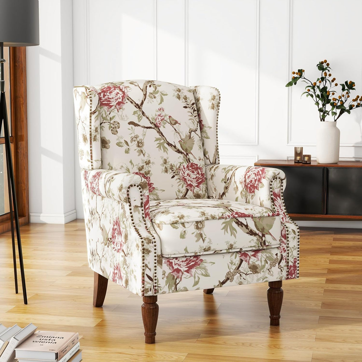 UIXE High Back Accent Chairs Set of 2, Fabric Upholstered Armchair for Living Room, Retro Printed Wingback Arm Chair Rivet Trimed Single Sofa Bedroom Reading Seat - Beige Floral