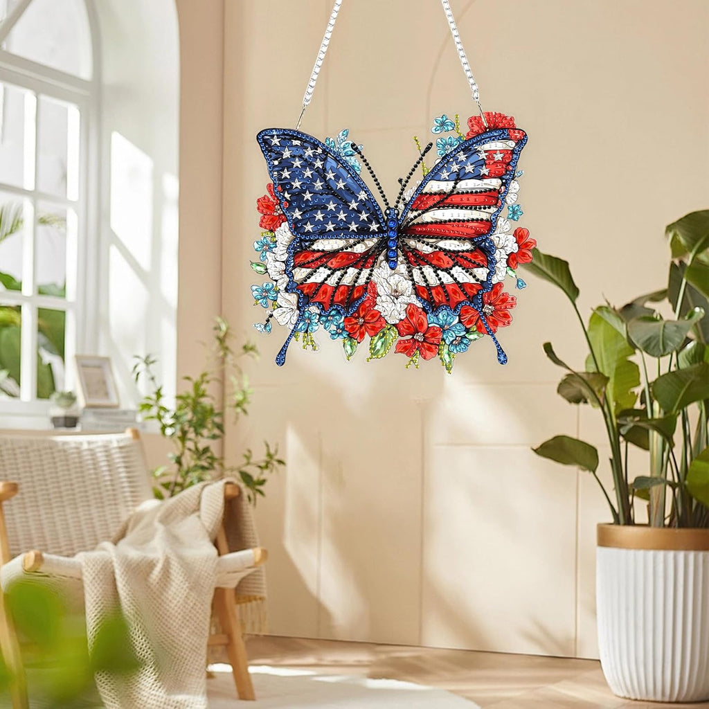 Lxmsja DIY Butterfly Diamond Painting Hanging Ornament, Double-Sided Acrylic American Flag Diamond Art Kit, Special Shaped Drill Pendant Window Art Kit, Suncatcher Hanging Craft Decoration 7×8 inch