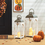 Glitzhome Set of 2 Mondern Farmhouse Wood Metal Lanterns Decorative Candle Lanterns, White (No Glass)