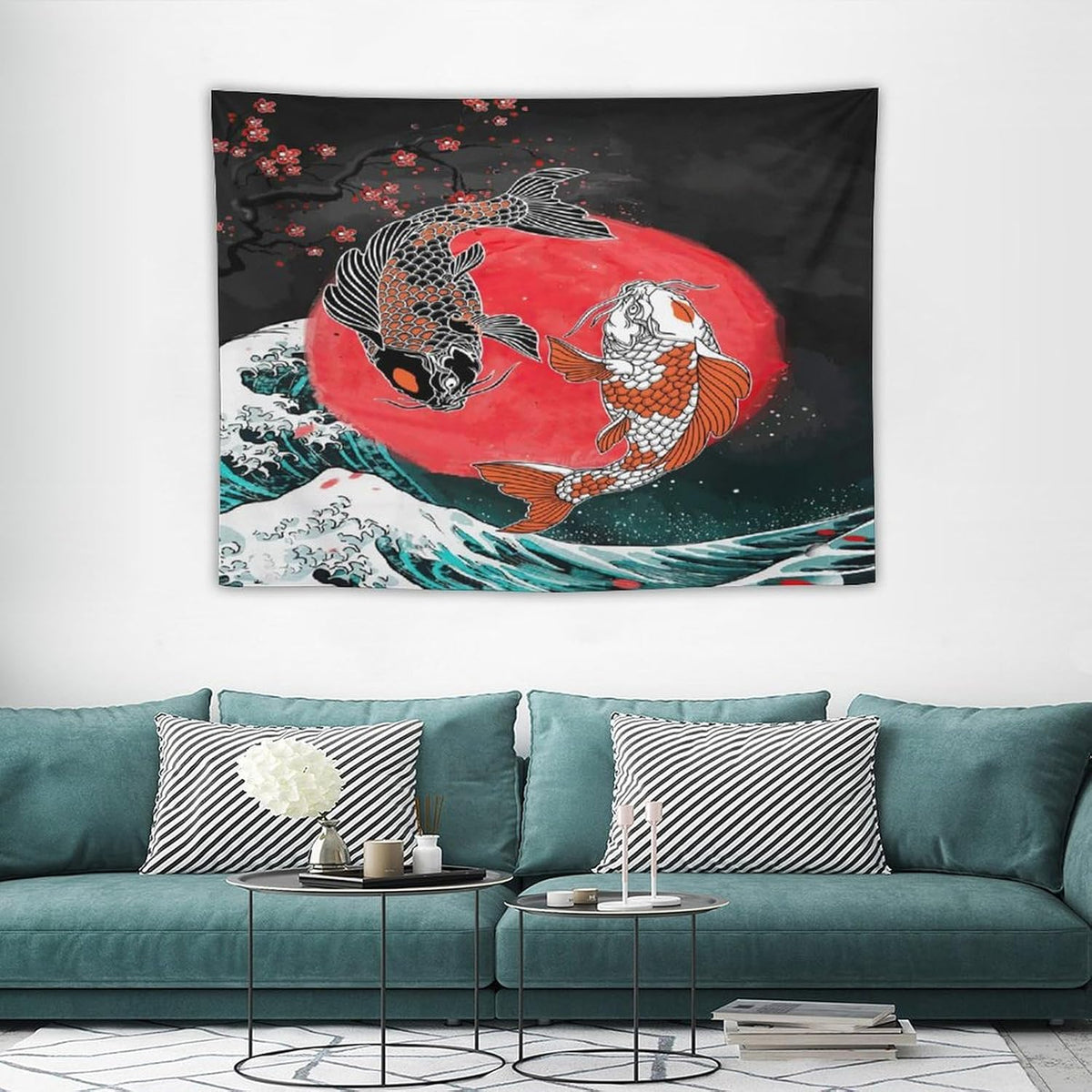Houselerax Koi Fish Tapestries,Japanese Style Yin Yang Big Wave Cherry Blossoms Tapestry Wall Hanging for Bedroom Living Room Office Decor 40"x30"