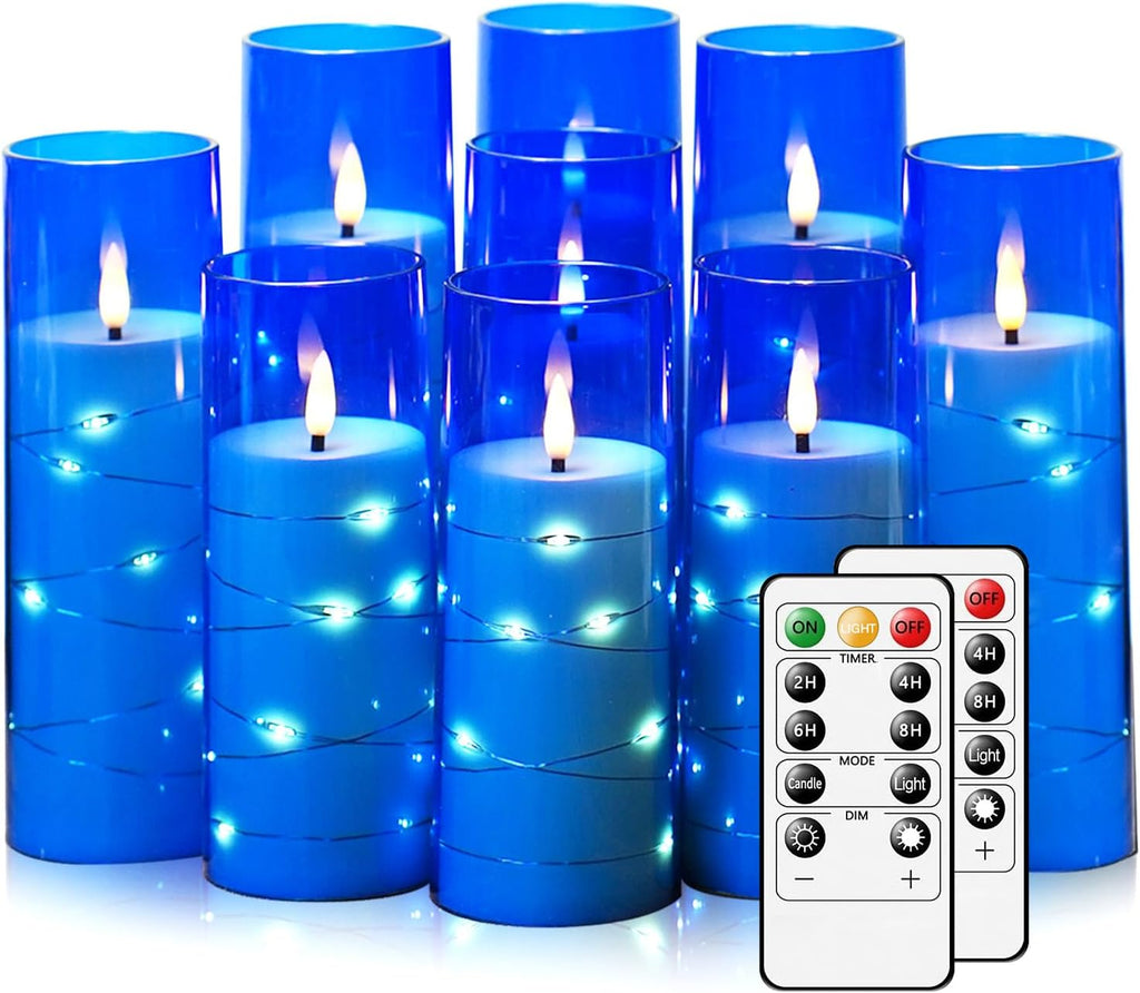 Flickering Flameless LED Candles,Battery Operated Candles 9 Pcs with Embedded Star String,Acrylic LED Pillar Candles with Remote,Suitable for Home Decoration to Create an Atmosphere (Blue)
