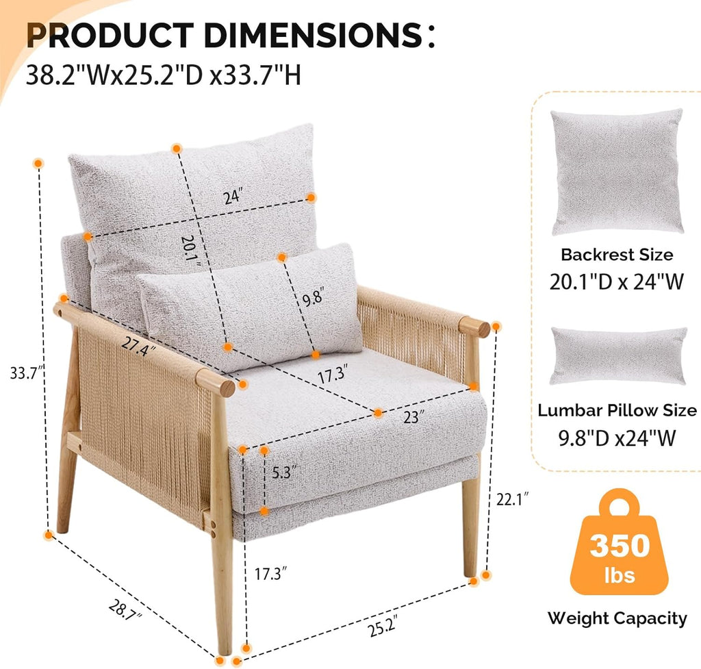 VINGLI Boho Braid Accent Armchairs Set of 2,Mid-Century Modern Chiars with Solid Wooden Armrest,Comfy Louge Cushion Chairs with Waist Pillow for Bedroom,Living Room,Reading Room, Light Grey