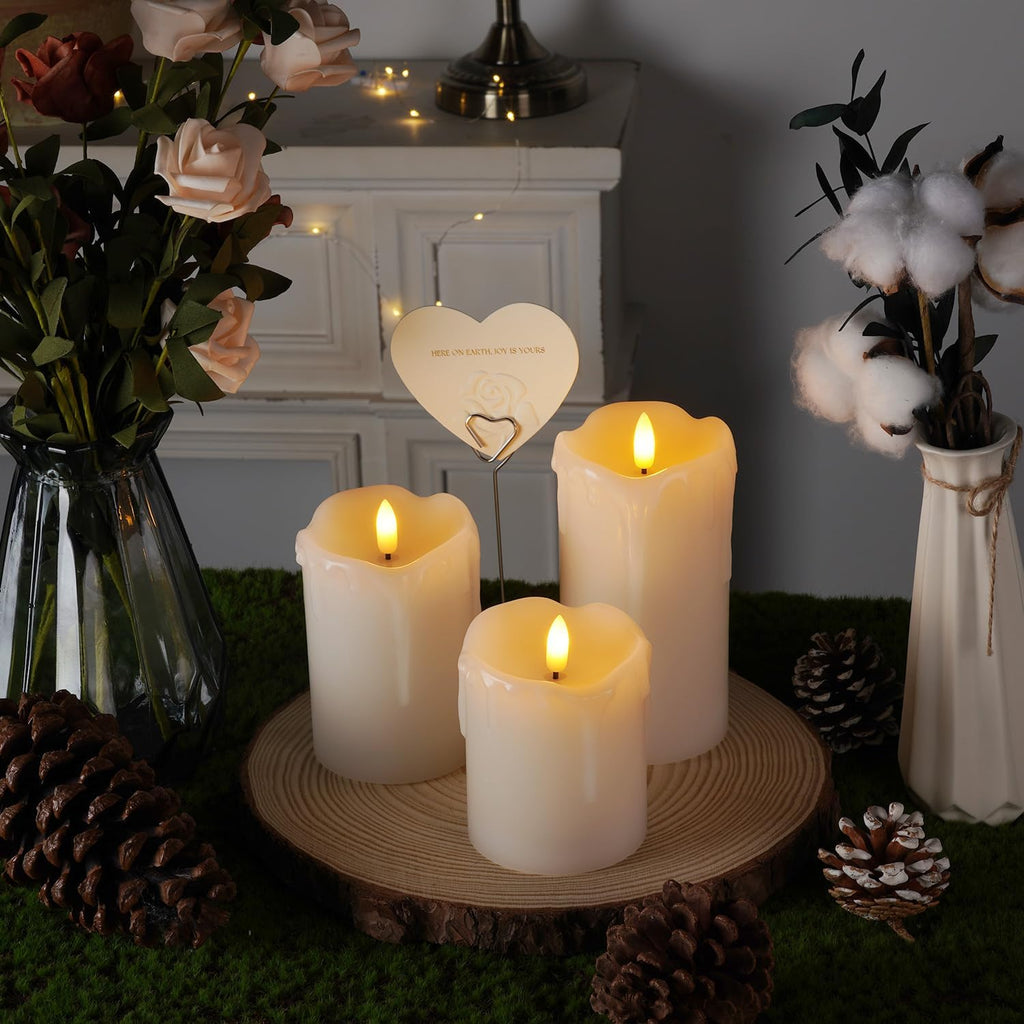 Homemory Dripping Wax Flameless LED Pillar Candles, Battery Operated with Remote Control and Timer, Set of 3, 5" H x 4" W x 6" D