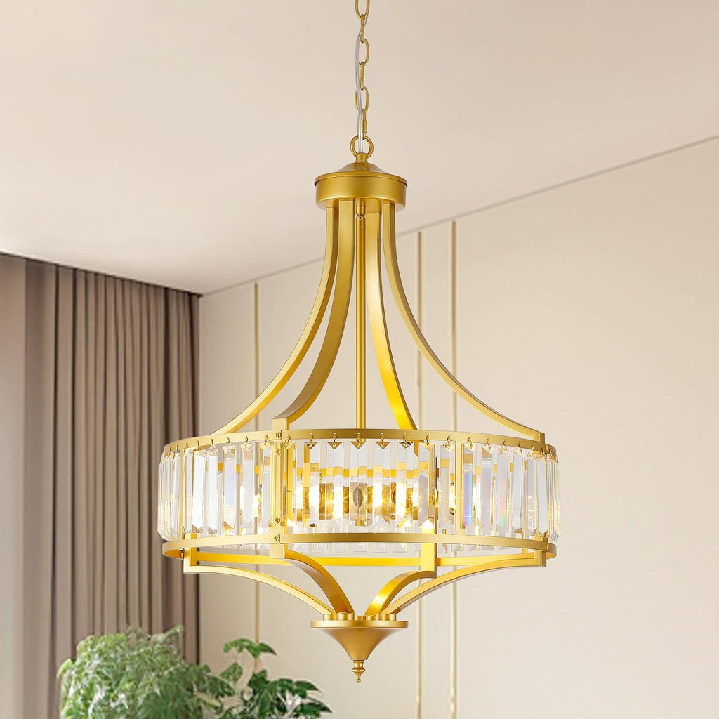 Modern Gold Crystal Chandelier, 20 Inch Large Ceiling Pendant Light Fixture with 50'' Adjustable Hanging Chain, 5-Light Farmhouse Chandelier for Dining Room, Living Room, Bedroom, Entryway