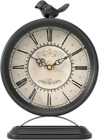 Vintage Table Clock with Bird, European Antique Style Black Mantel Clocks, Desk and Shelf Decor Clock, for Farmhouse, Bedside, Living Room, Bedroom, Gift (9" H x 6.5" W)