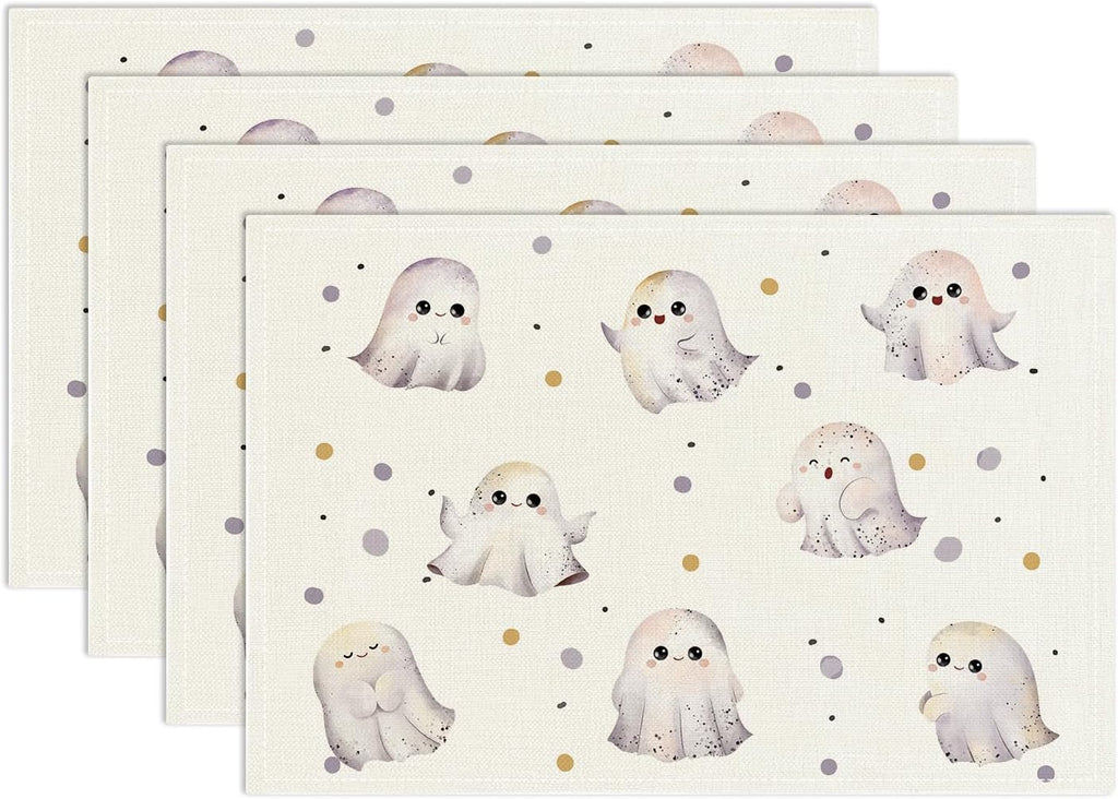 Halloween Placemats Set of 4, Cute Ghost Table Mat for Home Kitchen, Restaurants, Outdoor Linen Washable Place Mats 12x18 inch Party Event Dining Decoration-14