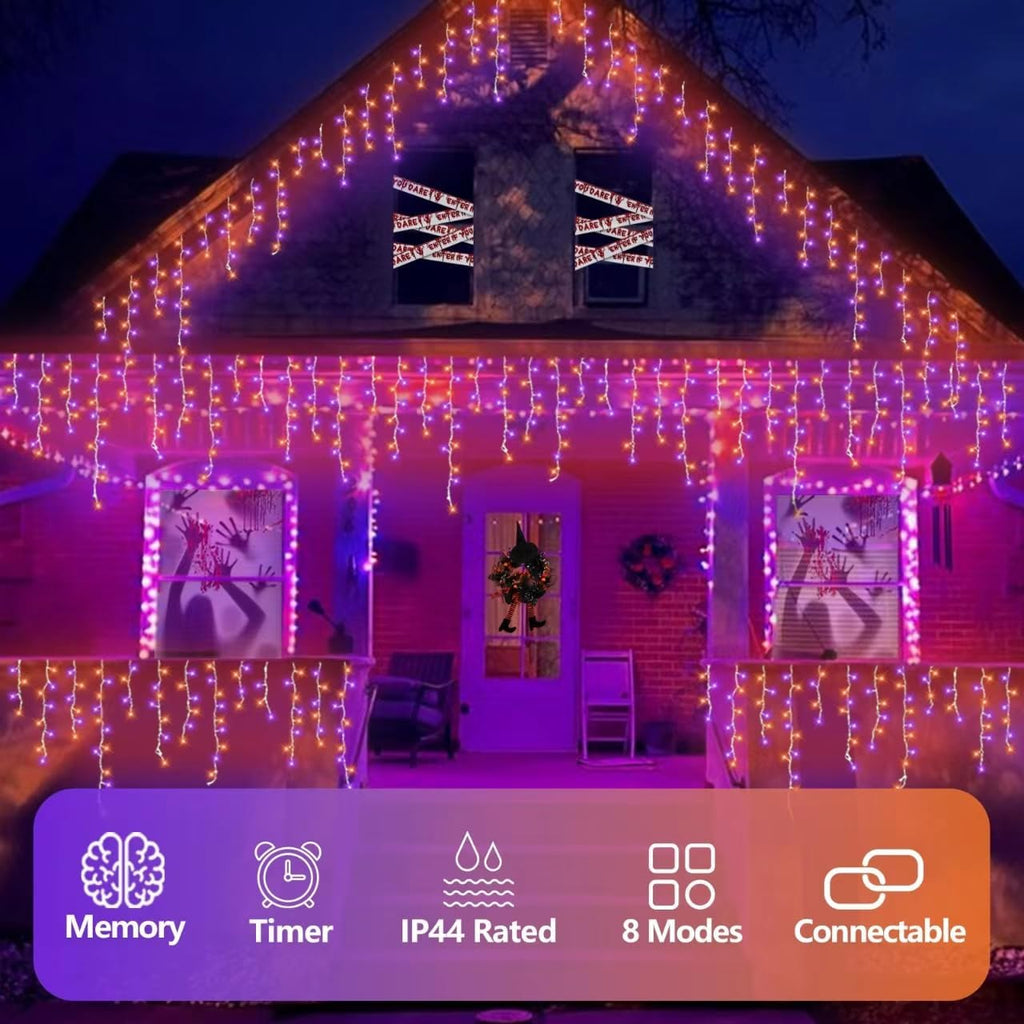 QITONG Orange and Purple Halloween Lights Outdoor, 66ft 800 LED Icicle Light Indoor Plug in, 8 Modes Connectable String Lights with 160 Drops
