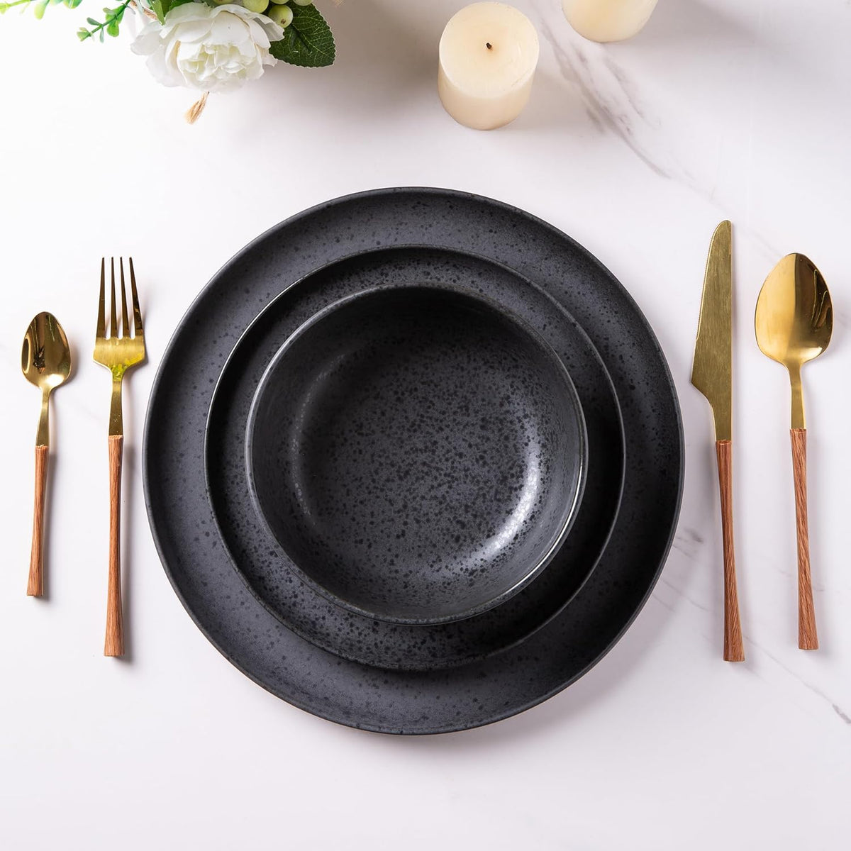 AmorArc Ceramic Dinnerware Sets, Wavy Rim Stoneware Plates and Bowls Sets, Highly Chip and Crack Resistant | Dishwasher & Microwave Dishes set, Service for 4 (12pc)-Speckled Matte Black