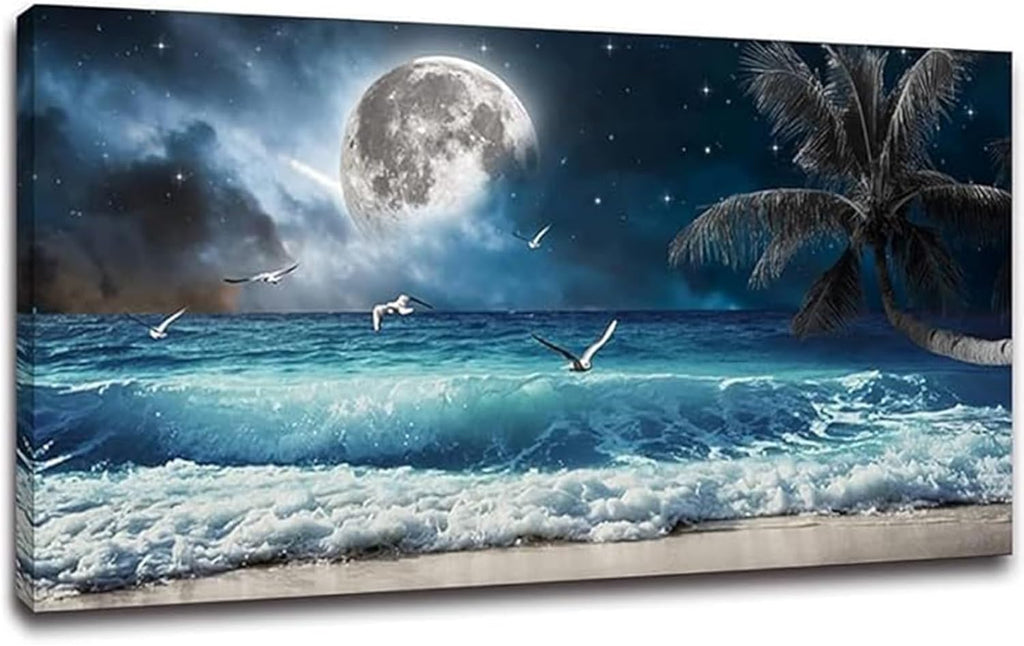 Yxbhhym large Moon Ocean Wall Art Seascape Sea Wall Pictures Canvas Beach Prints Poster Scenery Ocean Paintings Palm Artwork for Bedroom Modern Framed Office Wall Art Living Room Decor-30x60inches