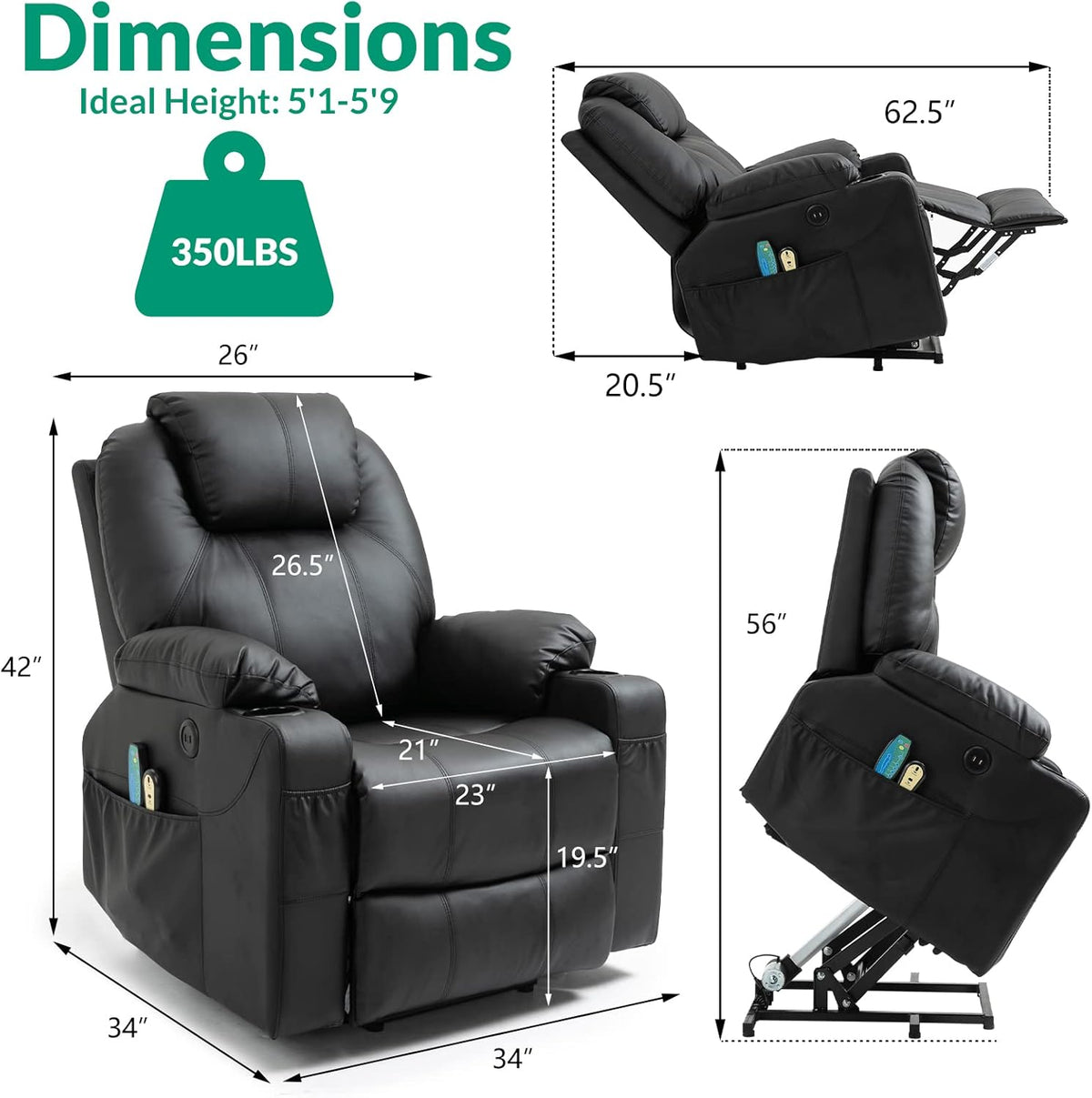 VIVIJASON Power Lift Chair Electric Recliner for Elderly Heated Vibration Massage Faux Leather Recliner Chair with 2 Remote Controls, Cup Holders, Side Pockets & USB Ports for Living Room (Black)