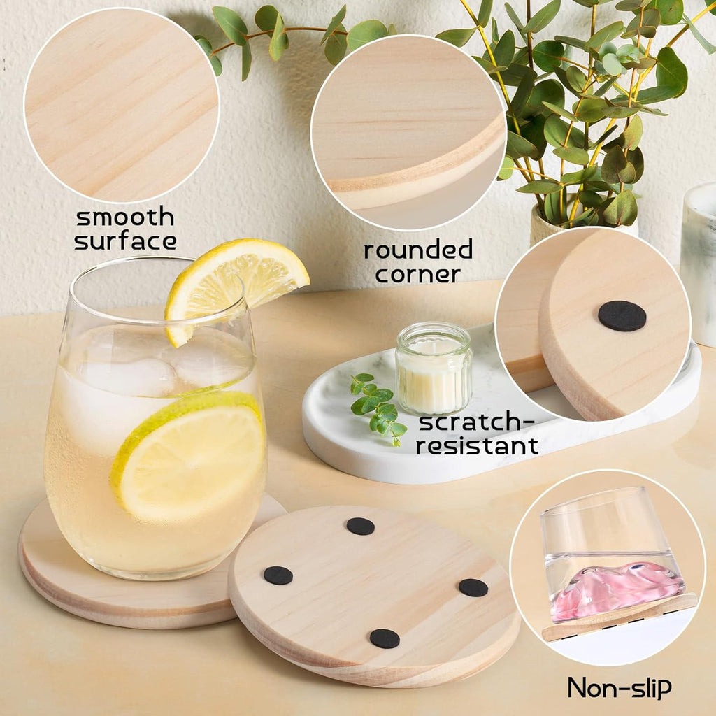 24 Pieces Unfinished Wood Coasters, GOH DODD 4 Inch Wooden Blanks with Non-Slip Pads for Laser Engraving Wood Burning Staining Painting Decoupage Housewarming Gifts Wedding Crafts Education, Round