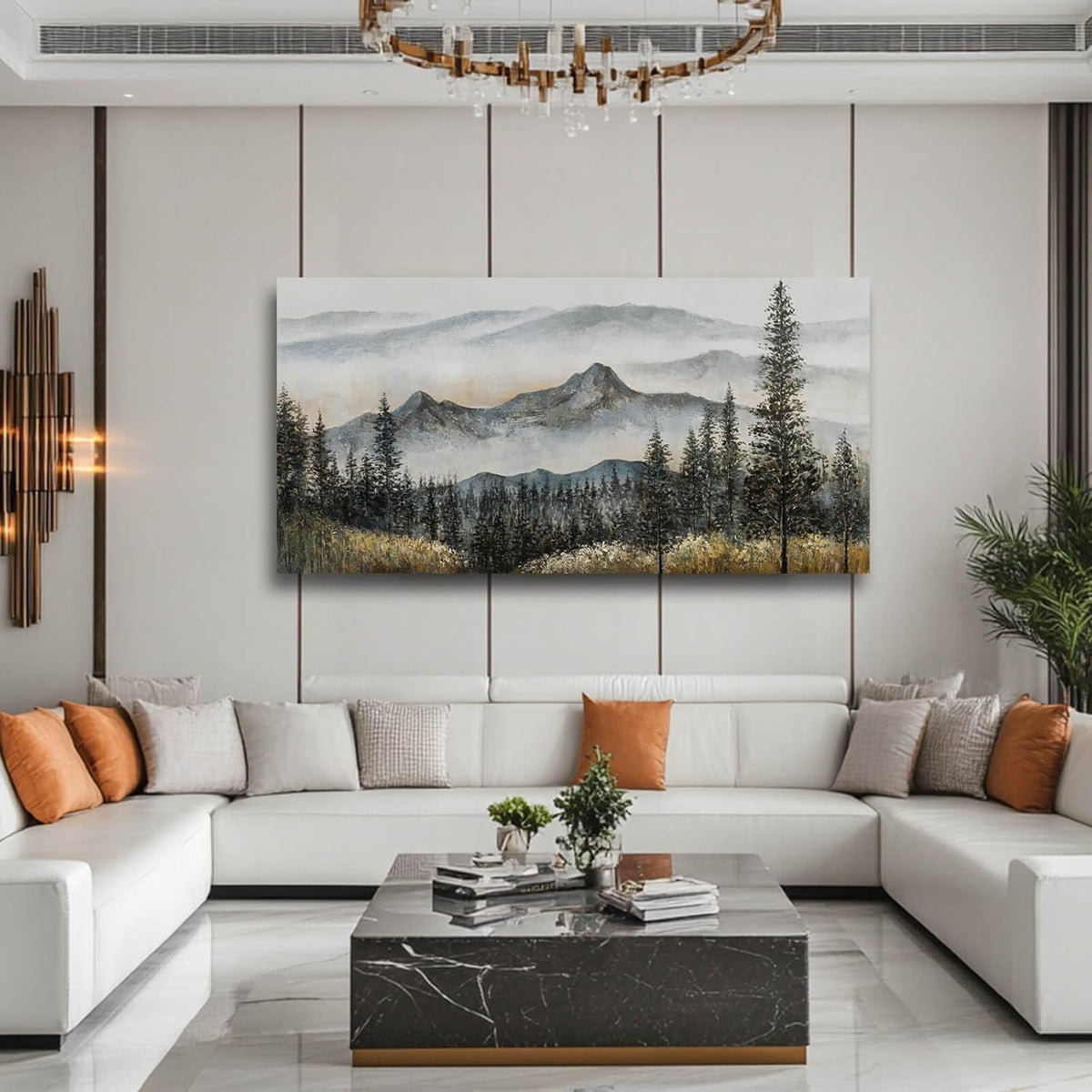 Foggy forest Wall Decor,Framed Canvas Wall Art, Large Artwork Green Mountain Pictures Boho Pine Tree Wall Painting Mountains Landscape Art for Home Living Room Office 29"x58"