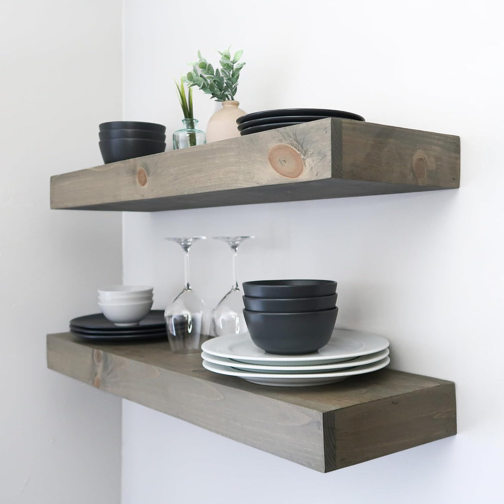Modern Floating Shelves 3 Inches Thick for Wall, Wide Shelves for Kitchen, Living Room, Bedroom, and Bathroom, Natural Pine Wood, Rustic Wooden Shelf, (Set of 2) (Aged Barrel, 60Lx3Hx6D)
