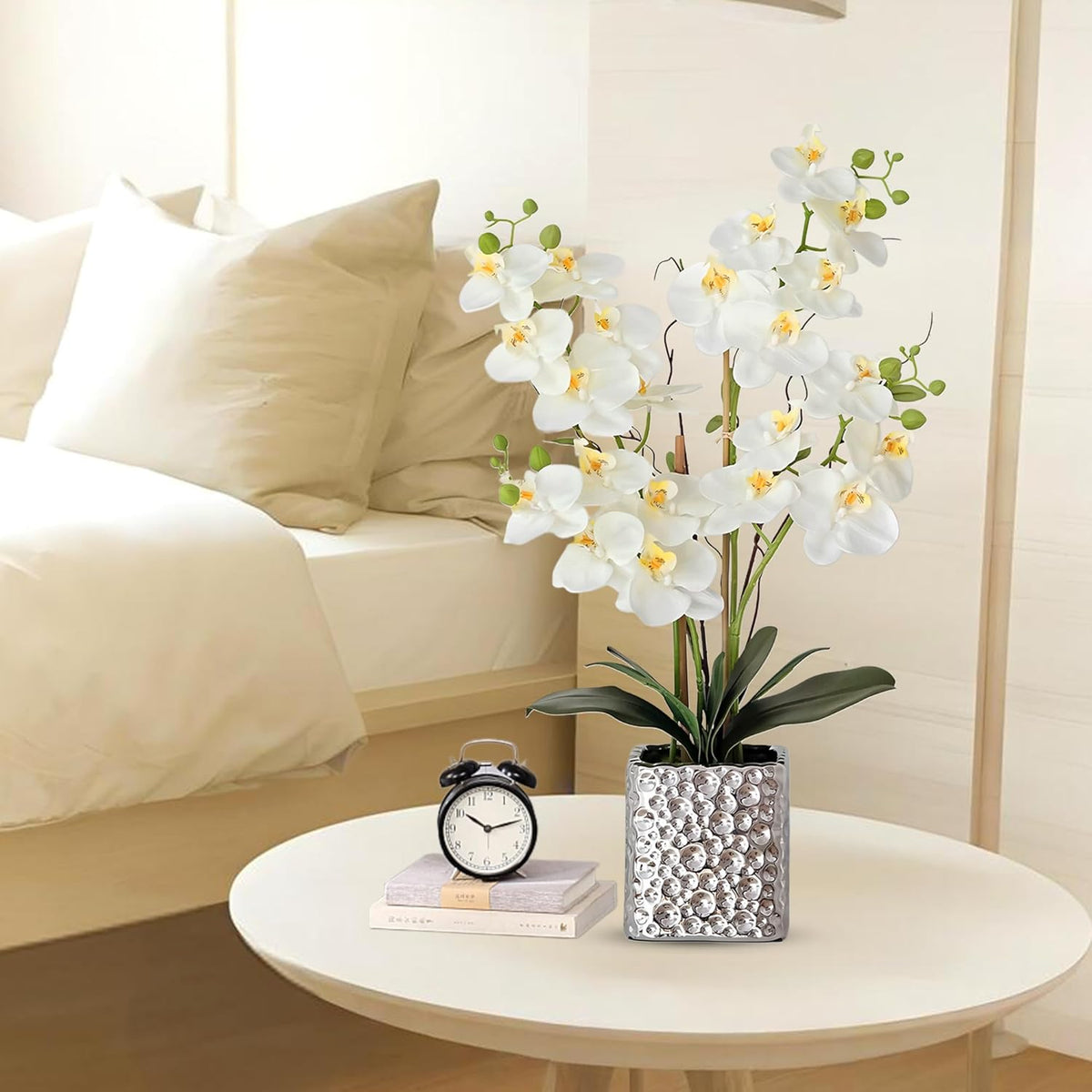 Orchid Artificial Flowers with Sliver Vase Large Silk Faux Phalaenopsis Flowers for Dining Room Table Floral Centerpieces Indoor Decoration,White