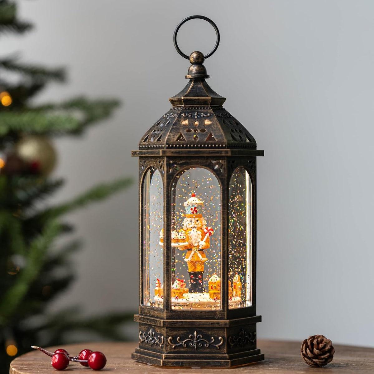 Animated Gingerbread Nutcracker with Moving Figurines Lighted Water Lantern, USB Lined/Battery Operated Snow Globe for Christmas Festival Decoration Gifts