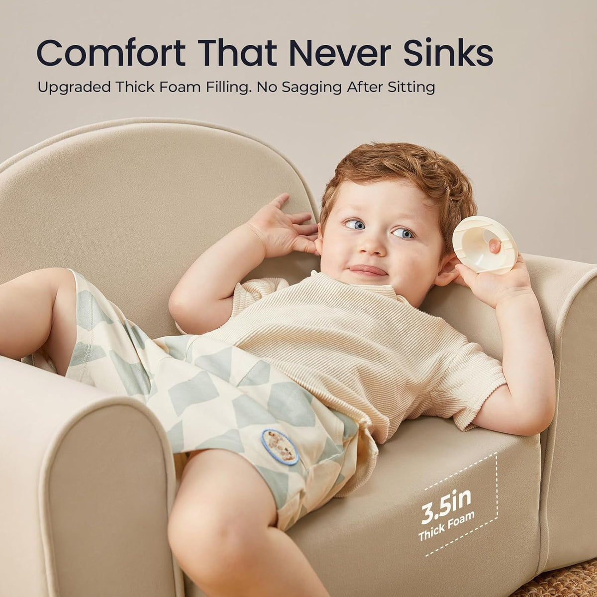 Tiny Land 2-in-1 Foldable Kids Couch with Pockets – Soft Thick Toddler Sofa, Lounger Couch, Convertible Kids Chair for Playroom, Bedroom or Living Room, Gift for Boys & Girls(Beige)