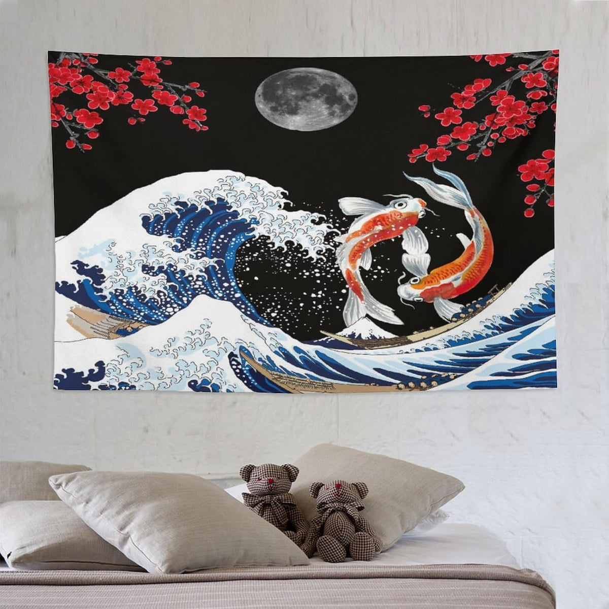 Houselerax Japanese Koi Fish Tapestry, Yin Yang Big Wave Red Cherry Blossom Tapestries Wall Hanging for Bedroom Living Room Office Decor 90"x60"