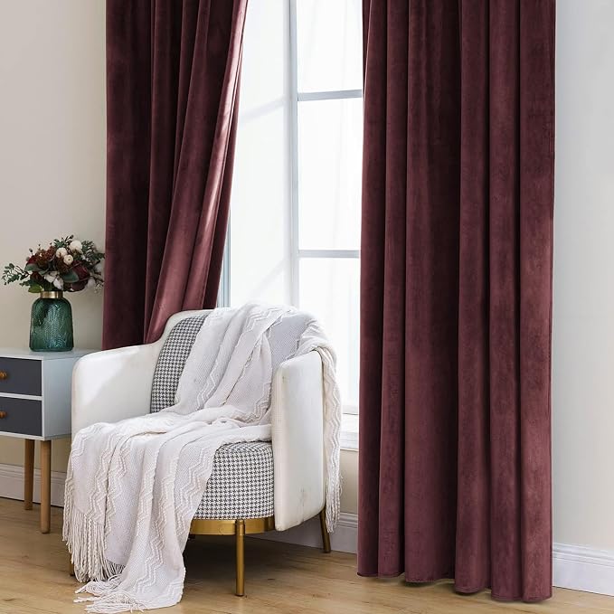 MIULEE Velvet Curtains 52x84 inches 2 Panels Ruby Wine Blackout Curtains | - Image 7
